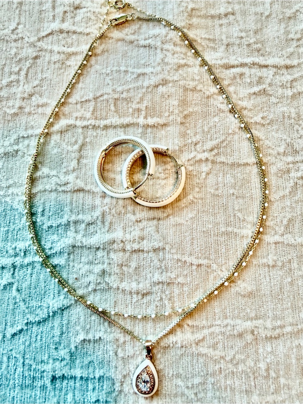 Gold Teardrop Pendant Necklace, bead necklace, and Hoop Earrings